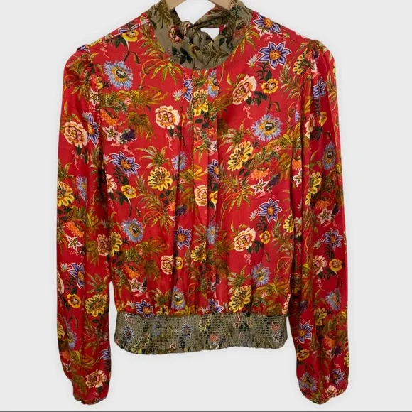 Nikasha Red Floral Toscana Tie Back Peasant Blouse - Picture 9 of 9